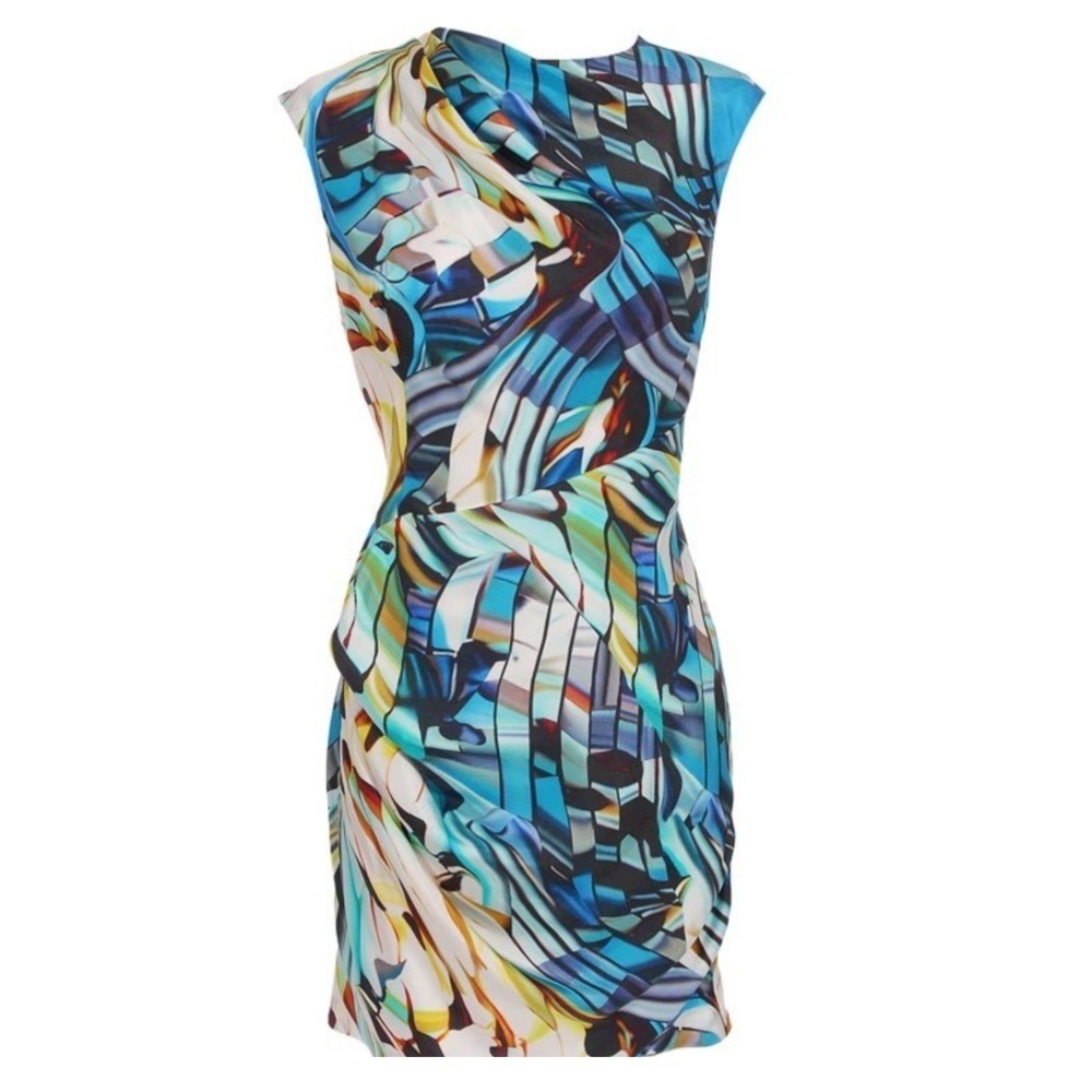 Mary Kantrantzou Geometric Graphic Print Ruched Cocktail Sheath Dress 14 Silk